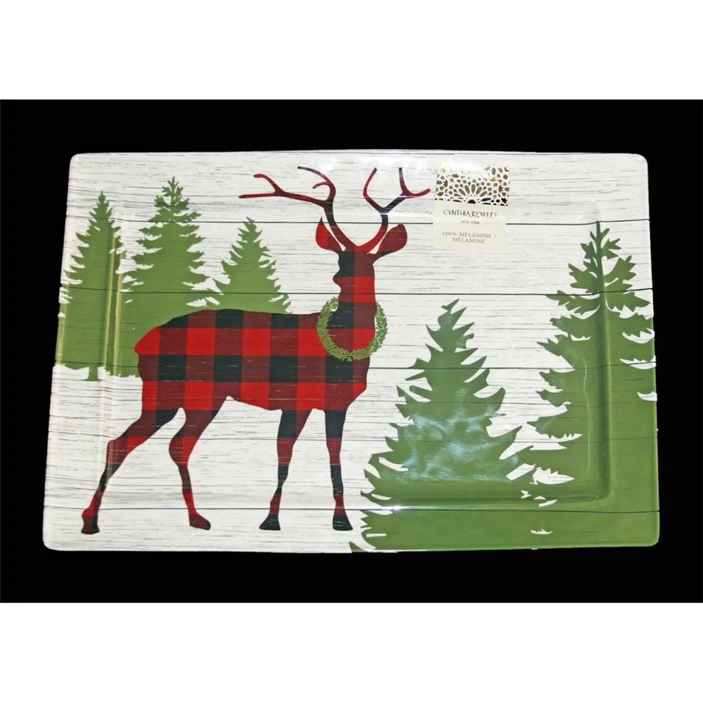 Cynthia Rowley Buffalo Plaid Stag Deer Melamine Serving Tray Platter  New